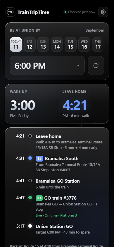A plan: wake up, leave home, bus, train